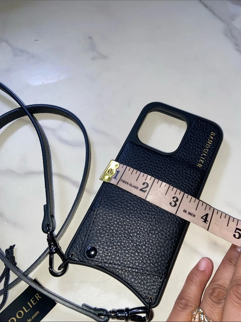 Bandolier Black Leather Crossbody Phone 14 Pro Case with Adjustable Strap